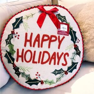 Round Happy Holiday Throw Pillow Linen St Nicholas Square® Red Bells Red Bow NWT